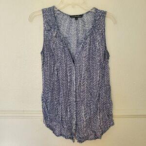 Ava Christine Women's XL Blue White Leaf Print Sleeveless V-Neck Button Front
